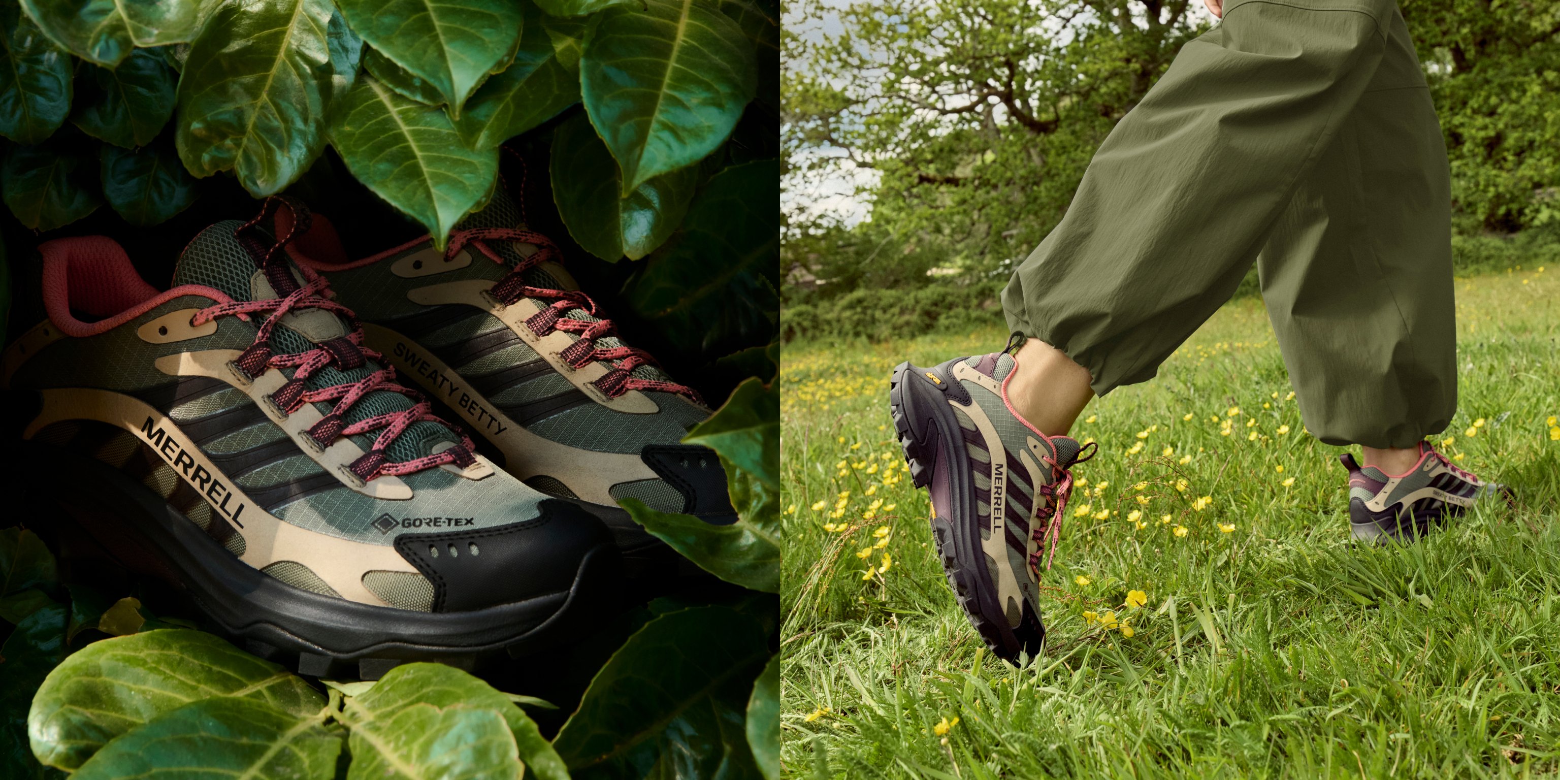 Merrell x Sweaty Betty hiking shoes surrounded by green leaves